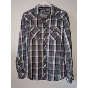 Rerun Shirt Mens Size Small Gray Plaid ButtonUp Long Sleeve Western Checked